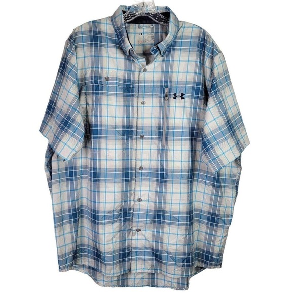 Under Armour UA Shirt SS Golf Hike Heat Gear Button Up Plaid Men’s Blue Size XL - Picture 2 of 14